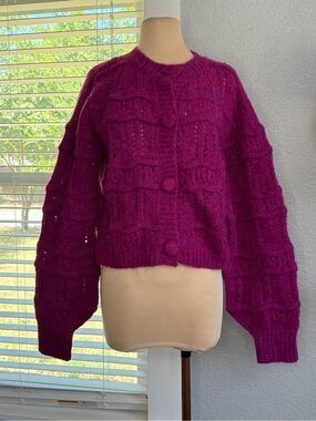 NWT Endless Rose Berry Knit Cardigan Size Small Balloon sleeves